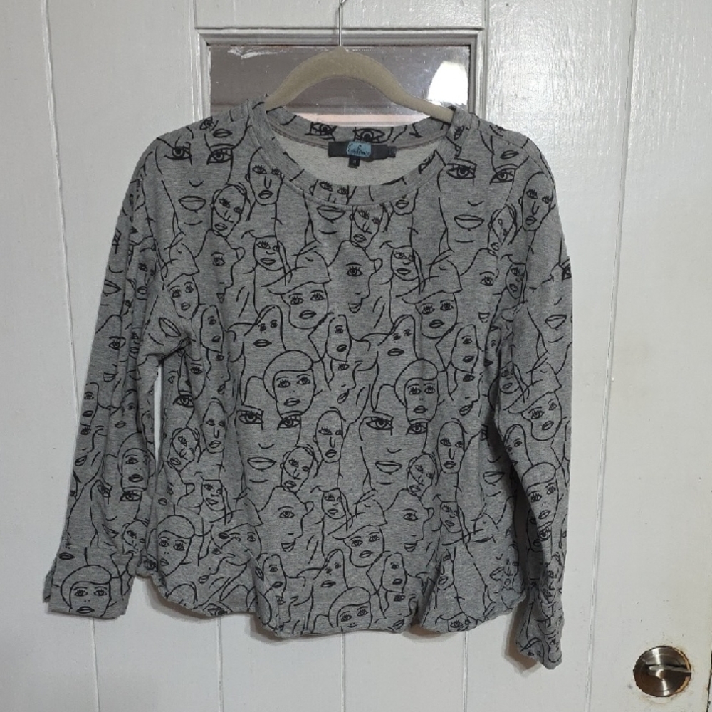 Eva Franco Anthropologie‎ Women's Shirt Gray/Black Abstract Faces USA Sz M EUC